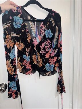 Free People Black Floral Sheer Tie-Front Blouse with Pink & Blue Accents